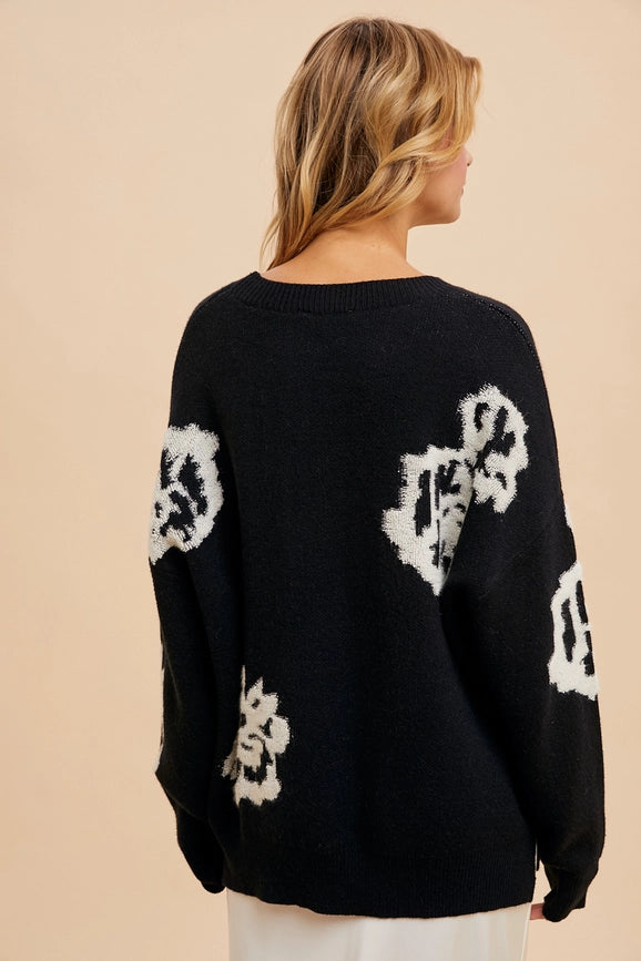 Intarsia Floral Knitted Sweater Black