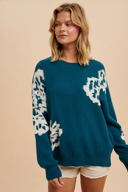 Intarsia Floral Knitted Sweater EMERALD