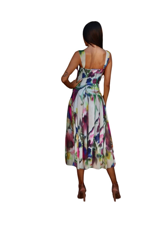 Iris Sleeveless Tea Length Fit N Flare Paneled Dress