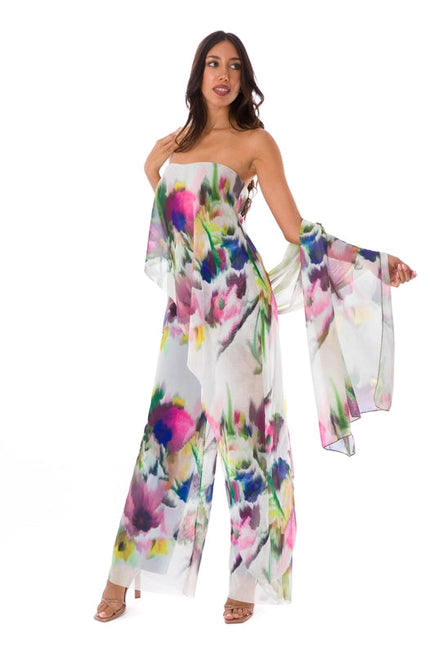 Iris Strapless Printed Jumpsuit With Overlay
