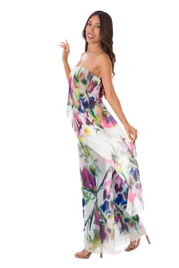 Iris Strapless Printed Jumpsuit With Overlay