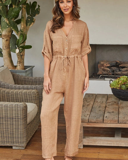 Italian Linen Long Sleeve Jumpsuit CAM