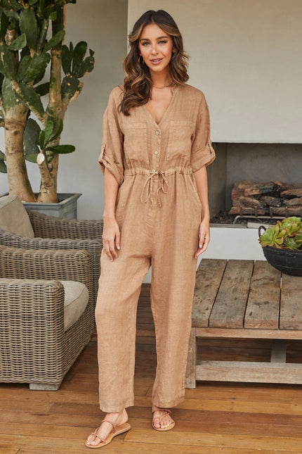 Italian Linen Long Sleeve Jumpsuit CAM