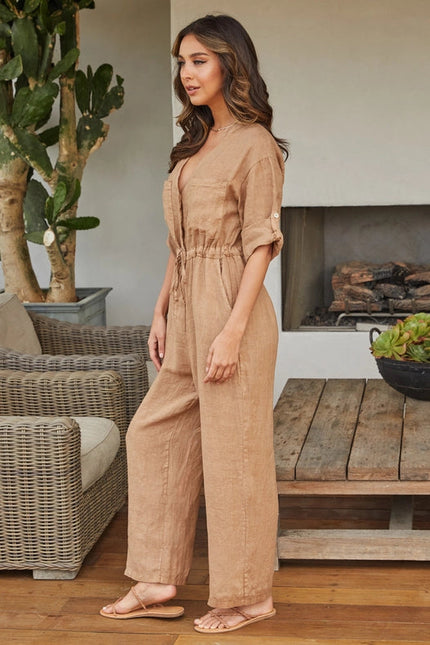 Italian Linen Long Sleeve Jumpsuit CAM