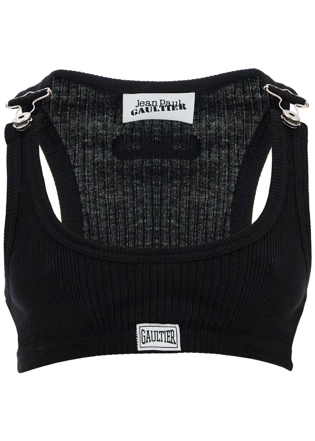 JEAN PAUL GAULTIER black cotton crop tank top with clip for overalls