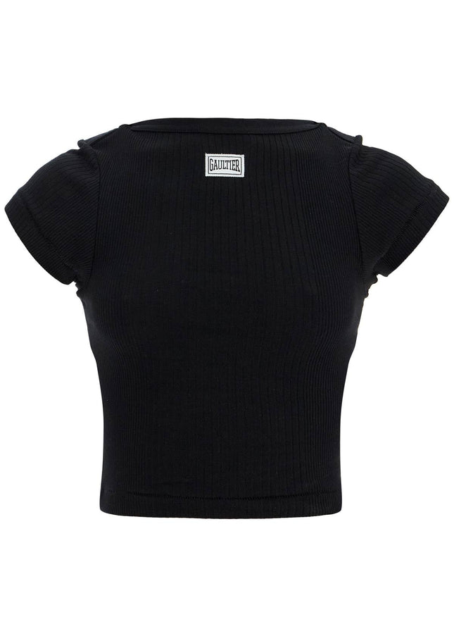 JEAN PAUL GAULTIER black cropped cotton ribbed t-shirt with logo