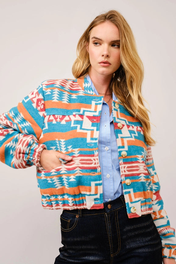 Jacquard Aztec Snap Up Bomber Jacket TEAL