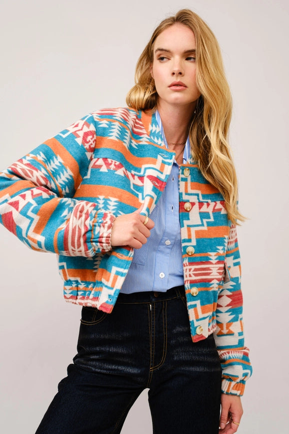 Jacquard Aztec Snap Up Bomber Jacket TEAL