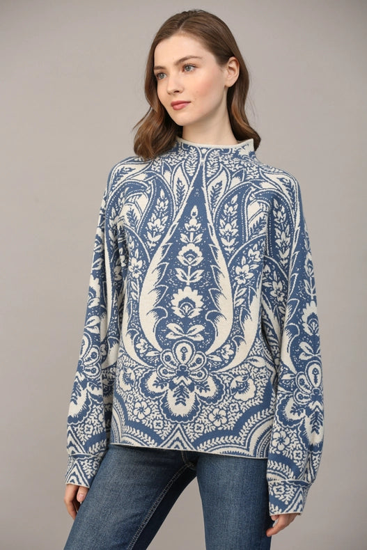 Jacquard Knit Mock Neck Sweater