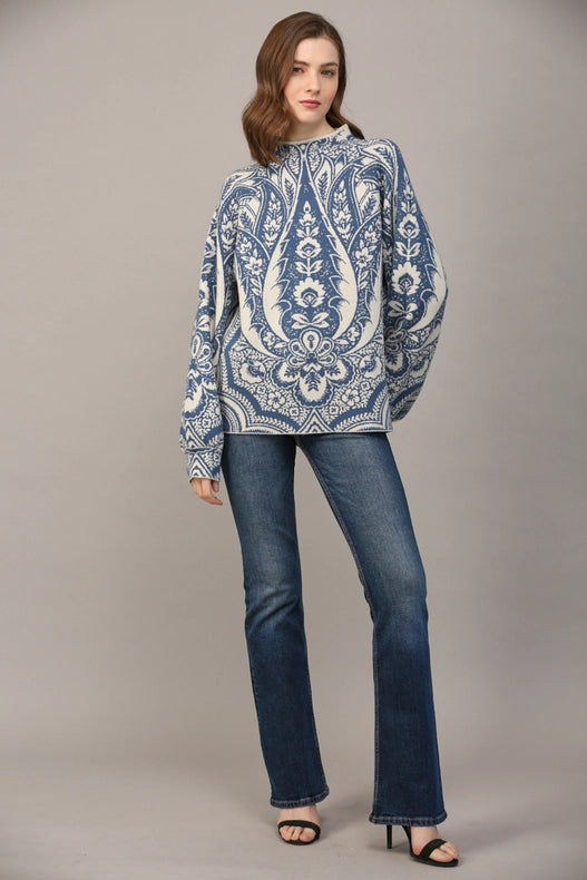 Jacquard Knit Mock Neck Sweater