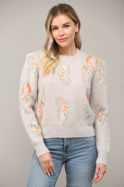 Jacquard Knit Puff Sleeve Sweater