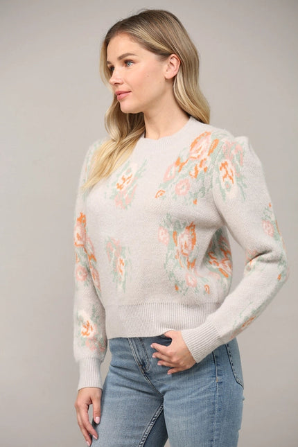 Jacquard Knit Puff Sleeve Sweater