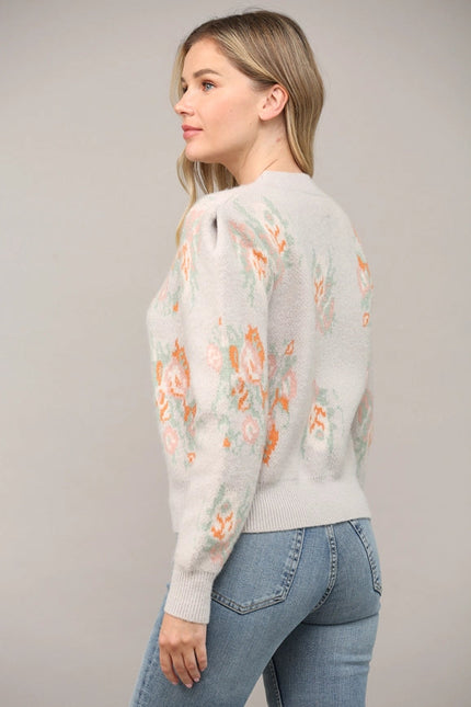 Jacquard Knit Puff Sleeve Sweater