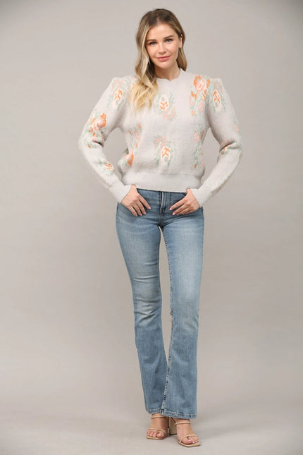 Jacquard Knit Puff Sleeve Sweater