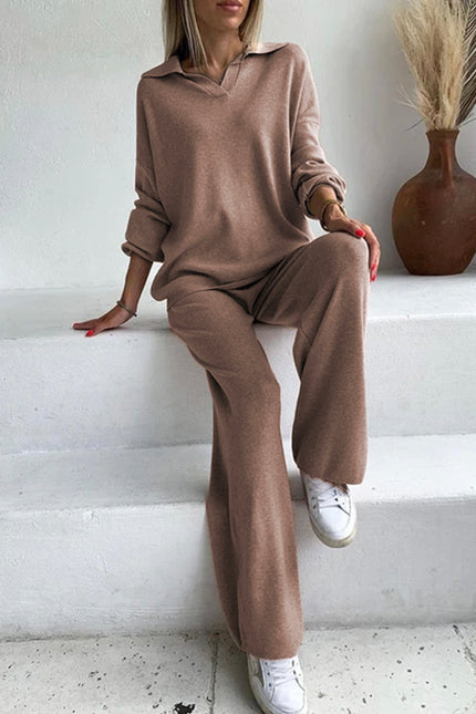 Johnny Collar Long Sleeve Top and Pants Sweater Set