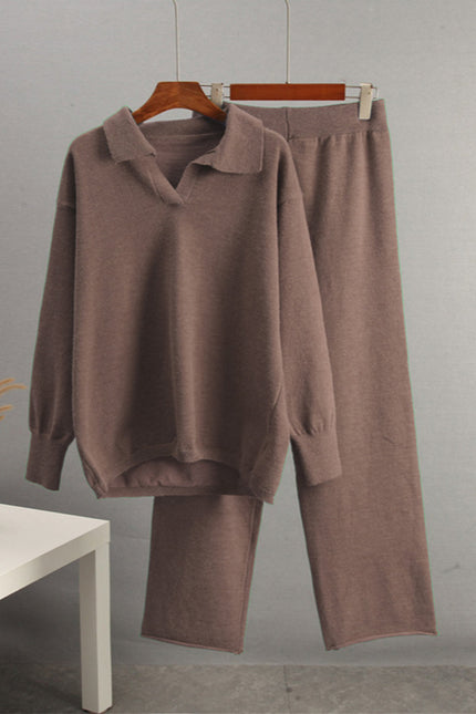 Johnny Collar Long Sleeve Top and Pants Sweater Set