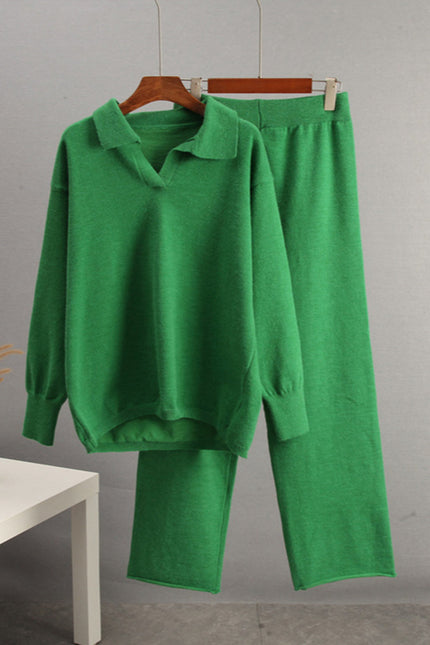 Johnny Collar Long Sleeve Top and Pants Sweater Set