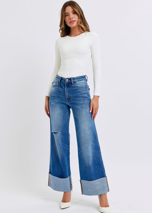 Judy Blue Full Size Distressed High Waist Wide Leg Jeans