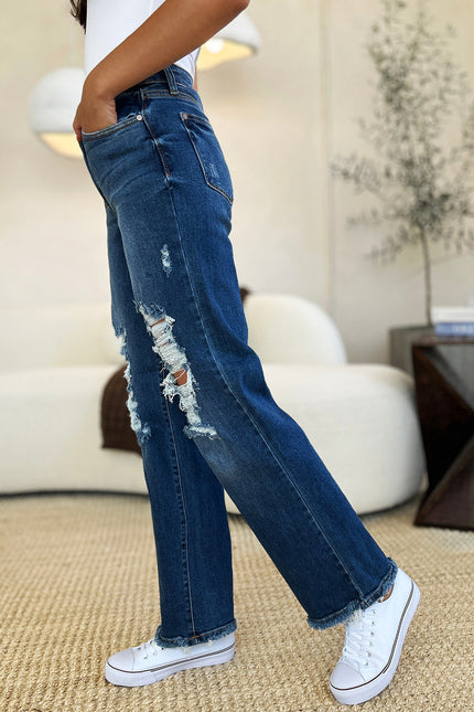 Judy Blue Full Size Mid Rise Distressed Raw Hem Jeans