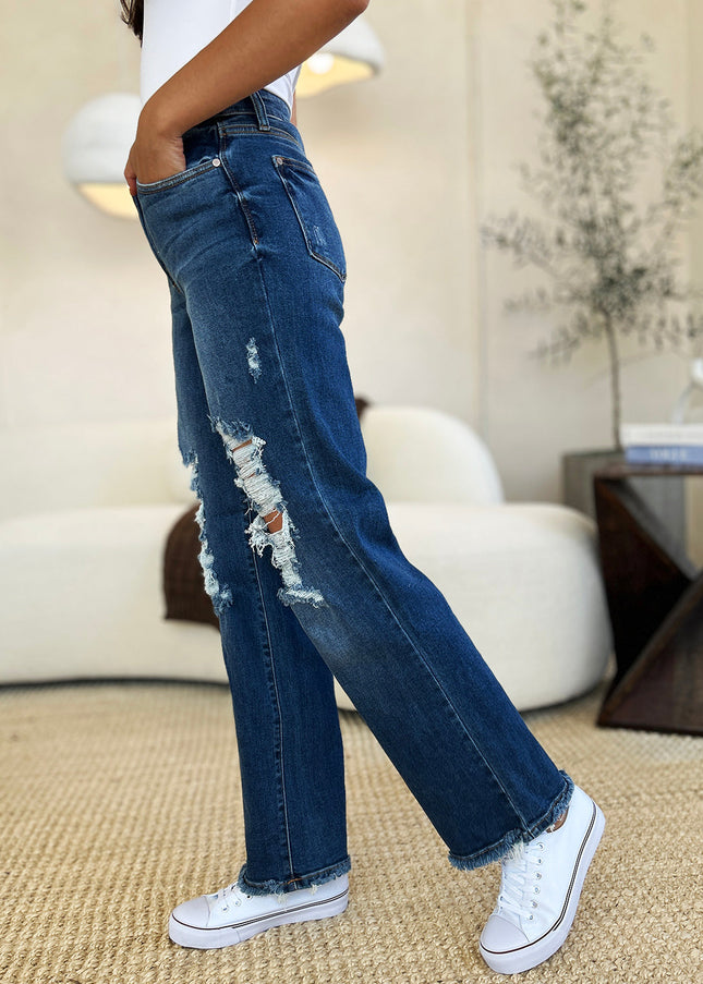 Judy Blue Full Size Mid Rise Distressed Raw Hem Jeans