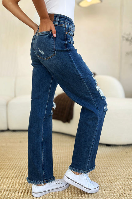 Judy Blue Full Size Mid Rise Distressed Raw Hem Jeans