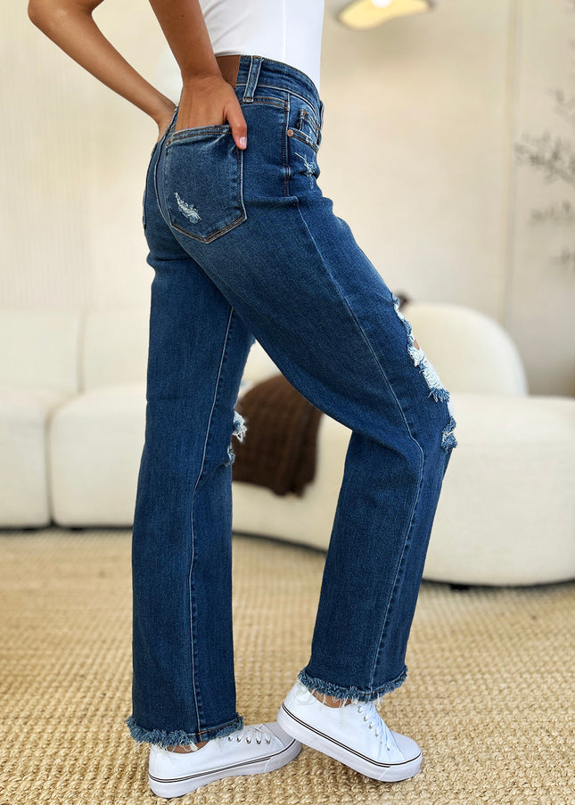 Judy Blue Full Size Mid Rise Distressed Raw Hem Jeans