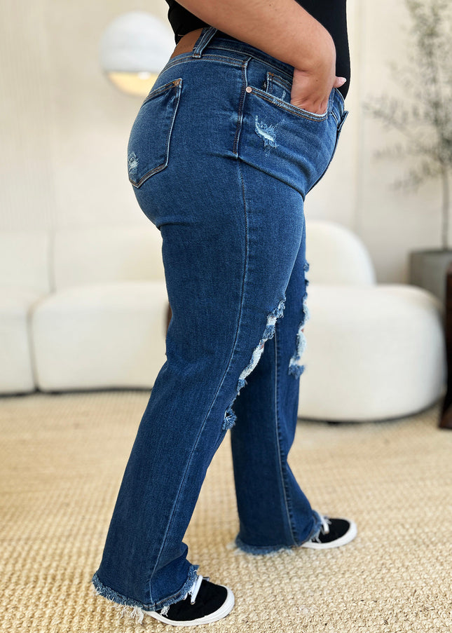 Judy Blue Full Size Mid Rise Distressed Raw Hem Jeans