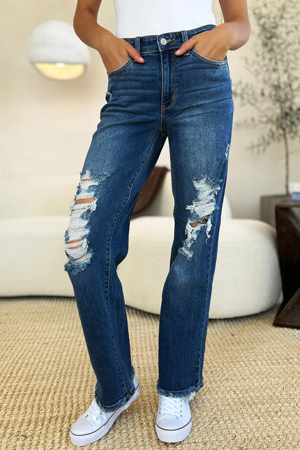 Judy Blue Full Size Mid Rise Distressed Raw Hem Jeans