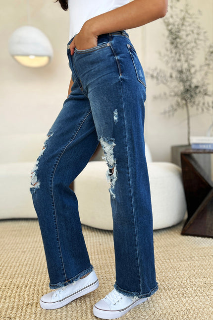 Judy Blue Full Size Mid Rise Distressed Raw Hem Jeans