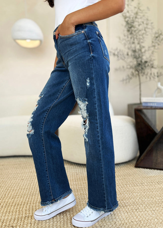 Judy Blue Full Size Mid Rise Distressed Raw Hem Jeans