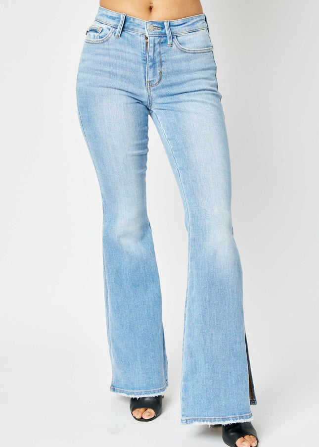 Judy Blue Full Size Mid Rise Raw Hem Slit Flare Jeans