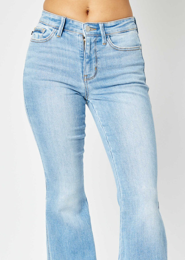 Judy Blue Full Size Mid Rise Raw Hem Slit Flare Jeans