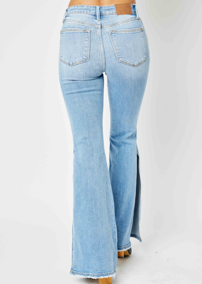 Judy Blue Full Size Mid Rise Raw Hem Slit Flare Jeans