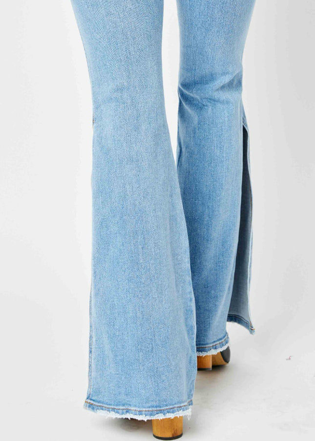 Judy Blue Full Size Mid Rise Raw Hem Slit Flare Jeans