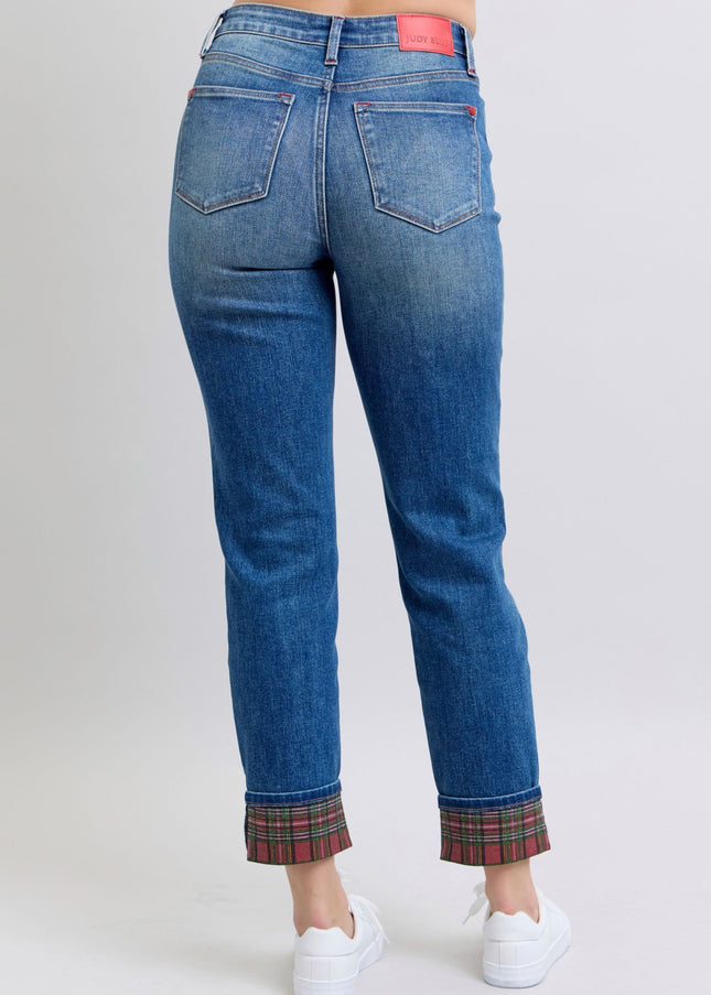 Judy Blue Full Size Plaid Print Cuff Straight Leg Jeans with Pockets