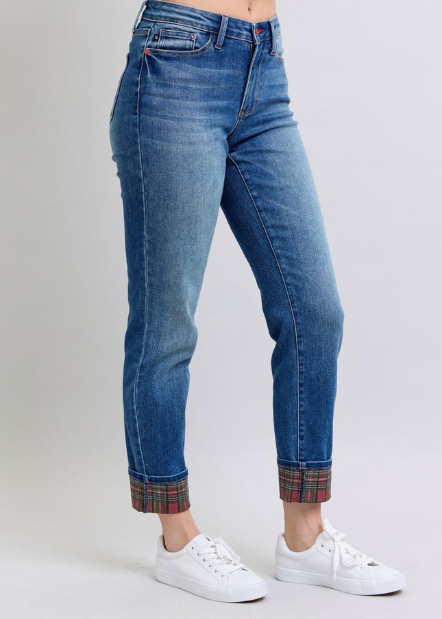 Judy Blue Full Size Plaid Print Cuff Straight Leg Jeans with Pockets