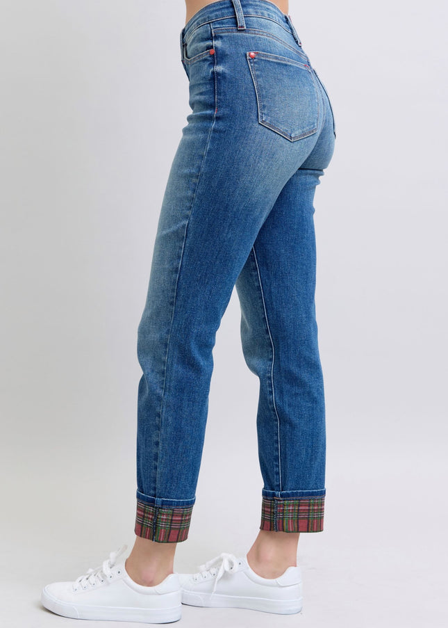 Judy Blue Full Size Plaid Print Cuff Straight Leg Jeans with Pockets