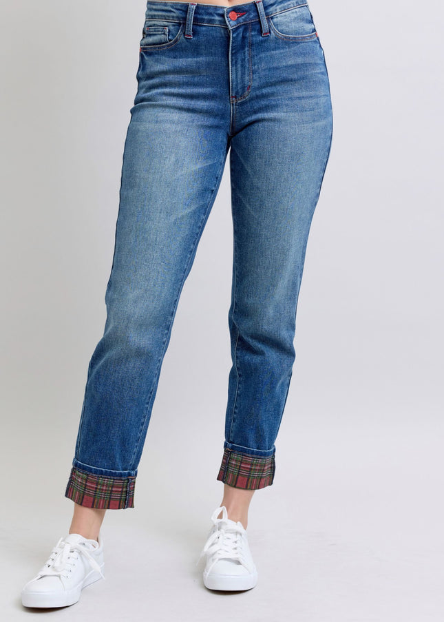 Judy Blue Full Size Plaid Print Cuff Straight Leg Jeans with Pockets