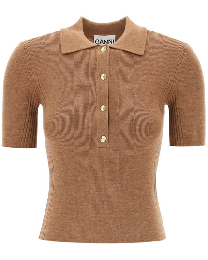 Ganni merino wool polo shirt-SHIRT-GANNI-Brown-S-Urbanheer