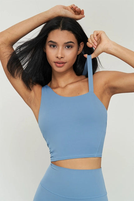 Kalina Longlined One Shoulder Strap Back Sports Bra Azure Blue