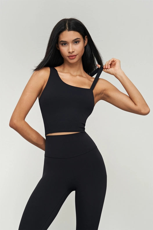 Kalina Longlined One Shoulder Strap Back Sports Bra Black