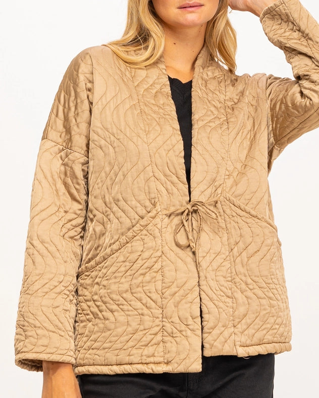 Kimono Style Jacket With Front Pockets And Drawstring Beige