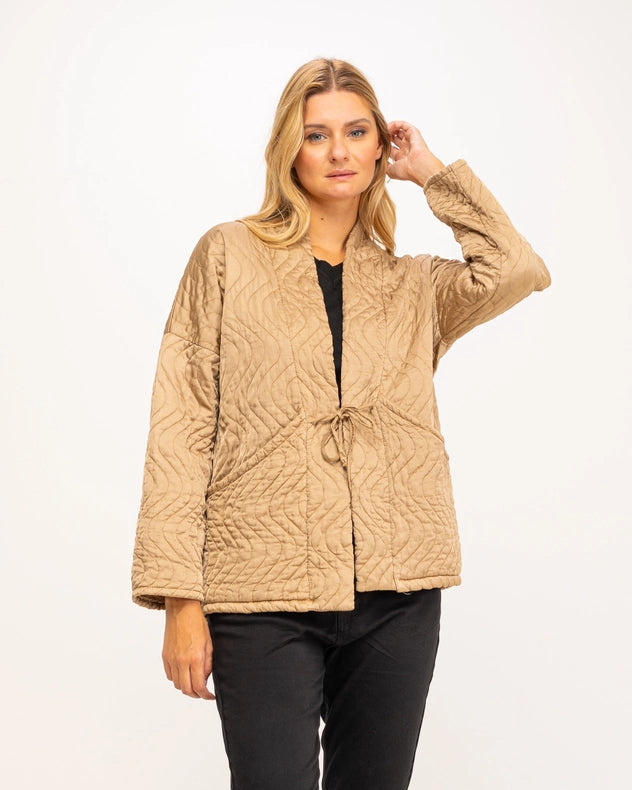 Kimono Style Jacket With Front Pockets And Drawstring Beige