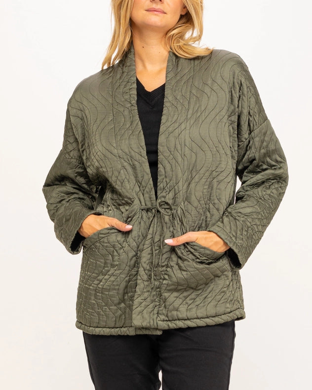 Kimono Style Jacket With Front Pockets And Drawstring Kakhi