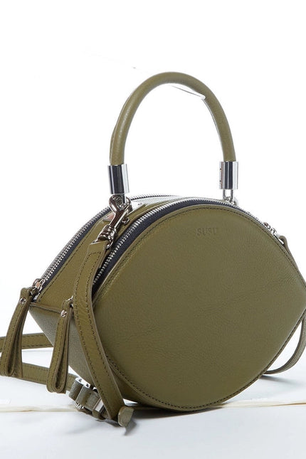 Kiss Circle Shape Leather Crossbody Bag Olive Green