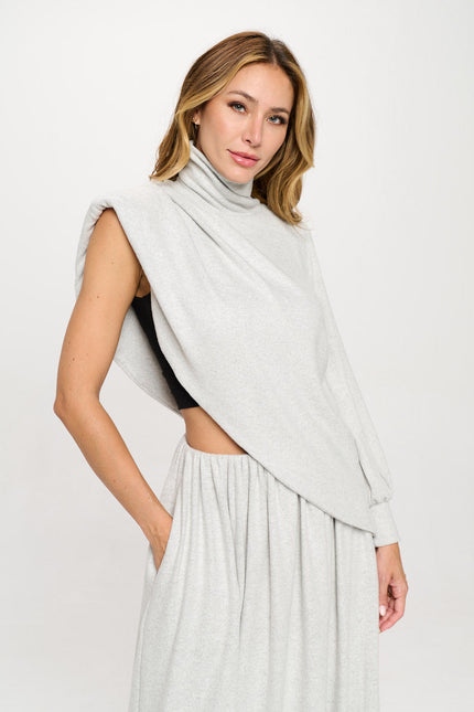 Knit Asymmetrical One Sleeve Mock neck Top-1