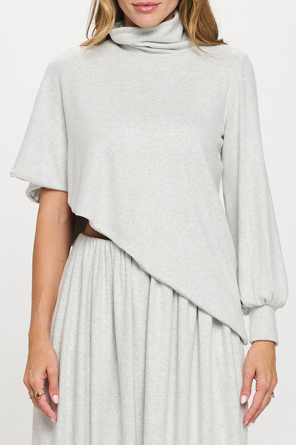 Knit Asymmetrical One Sleeve Mock neck Top-4