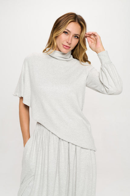 Knit Asymmetrical One Sleeve Mock neck Top-0