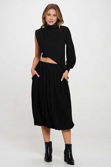 Knit Balloon Style Midi Skirt with Pockets-4