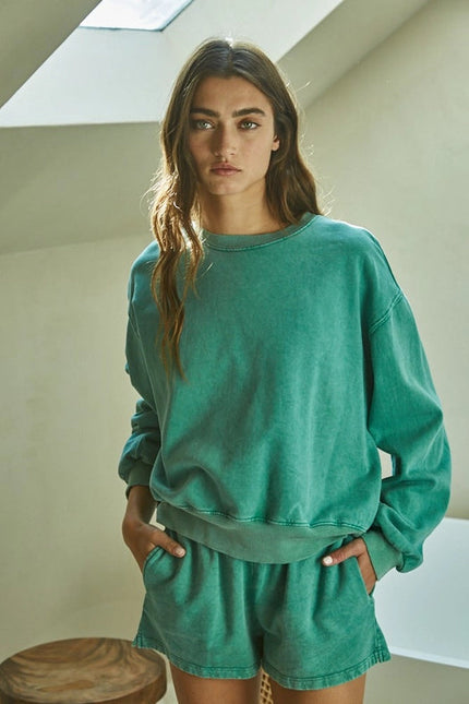 Knit Cotton Garment Dye Mineral Wash Crew Neck Green